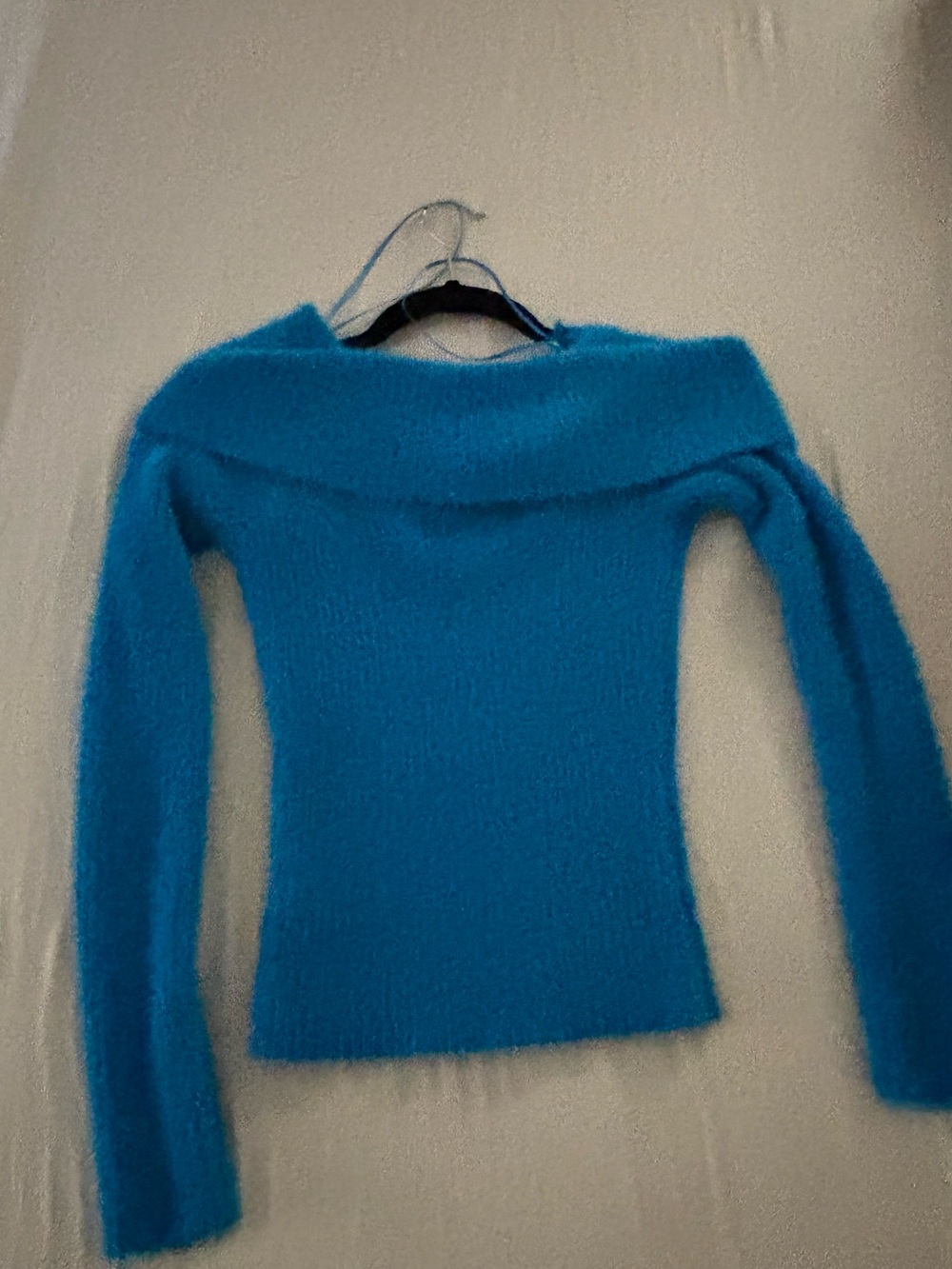 Pink Rose Off-the-Shoulder Fuzzy Sweater in Bright Teal